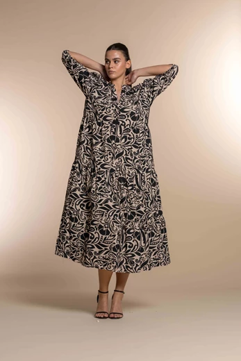 Geisha Maxi-Kleid mit Rüschen und grafischem Blattdruck 37132-20